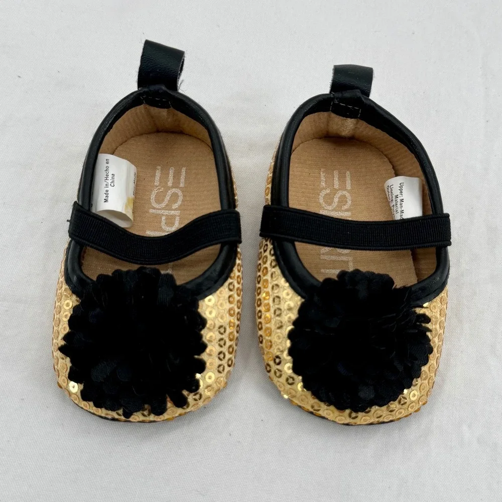 Vintage Esprit Baby Gold Sequin Black Flower Mary Jane Crib Shoes 0-6 Months